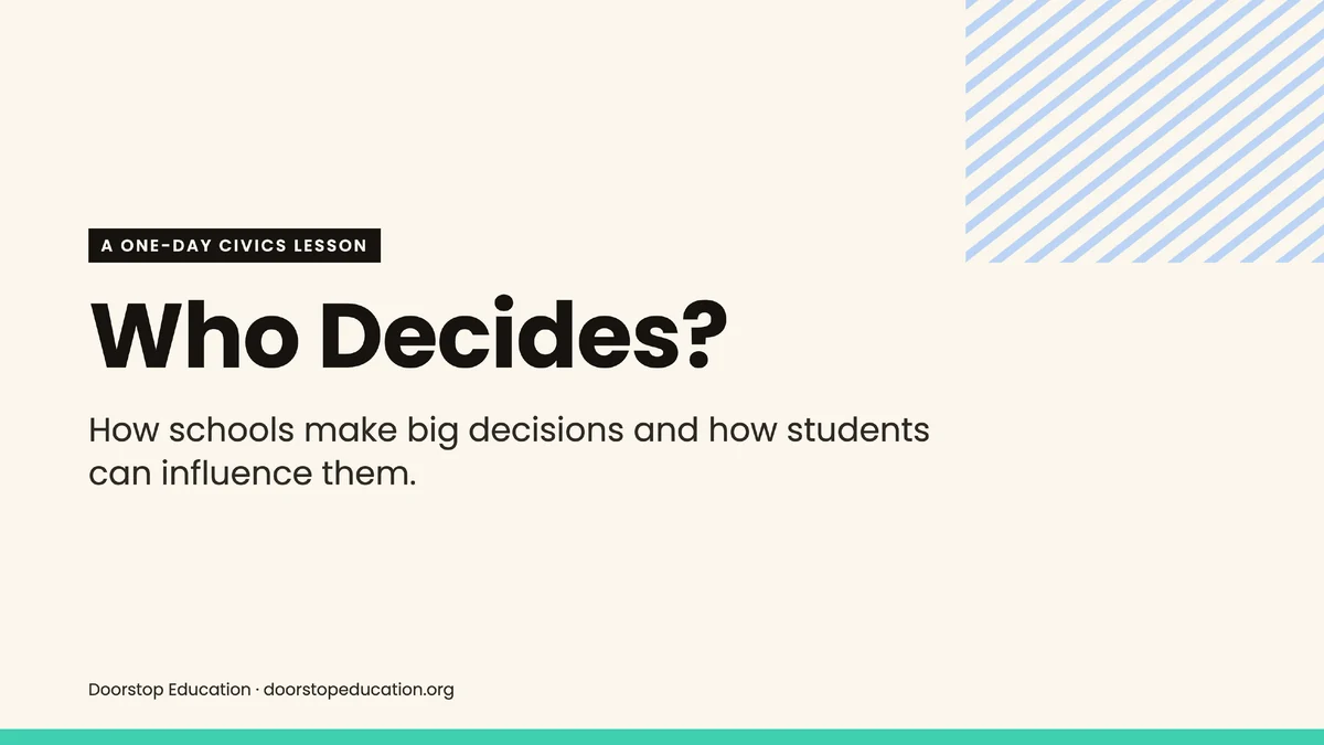 Title slide: Who Decides? How schools make big decisions and how students can influence them