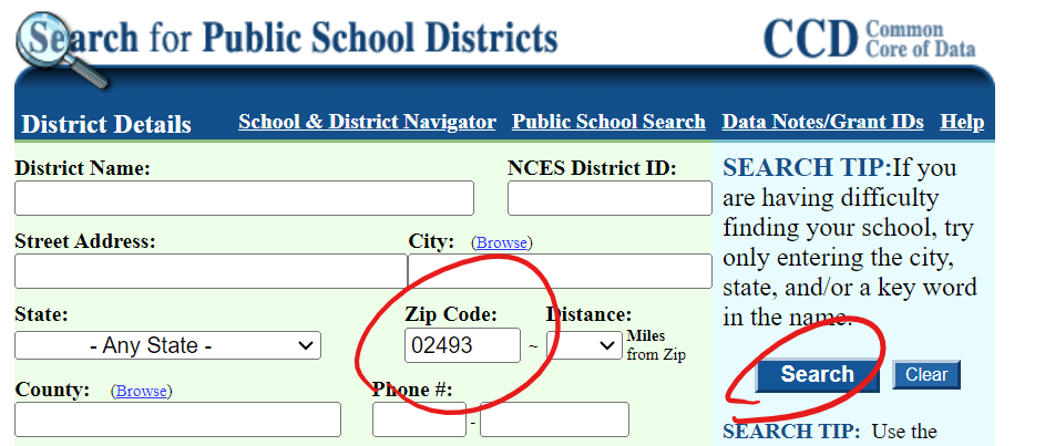 The NCES Search for Public School Districts form, with the Zip Code field (filled in with 02493) and the Search button circled in red.